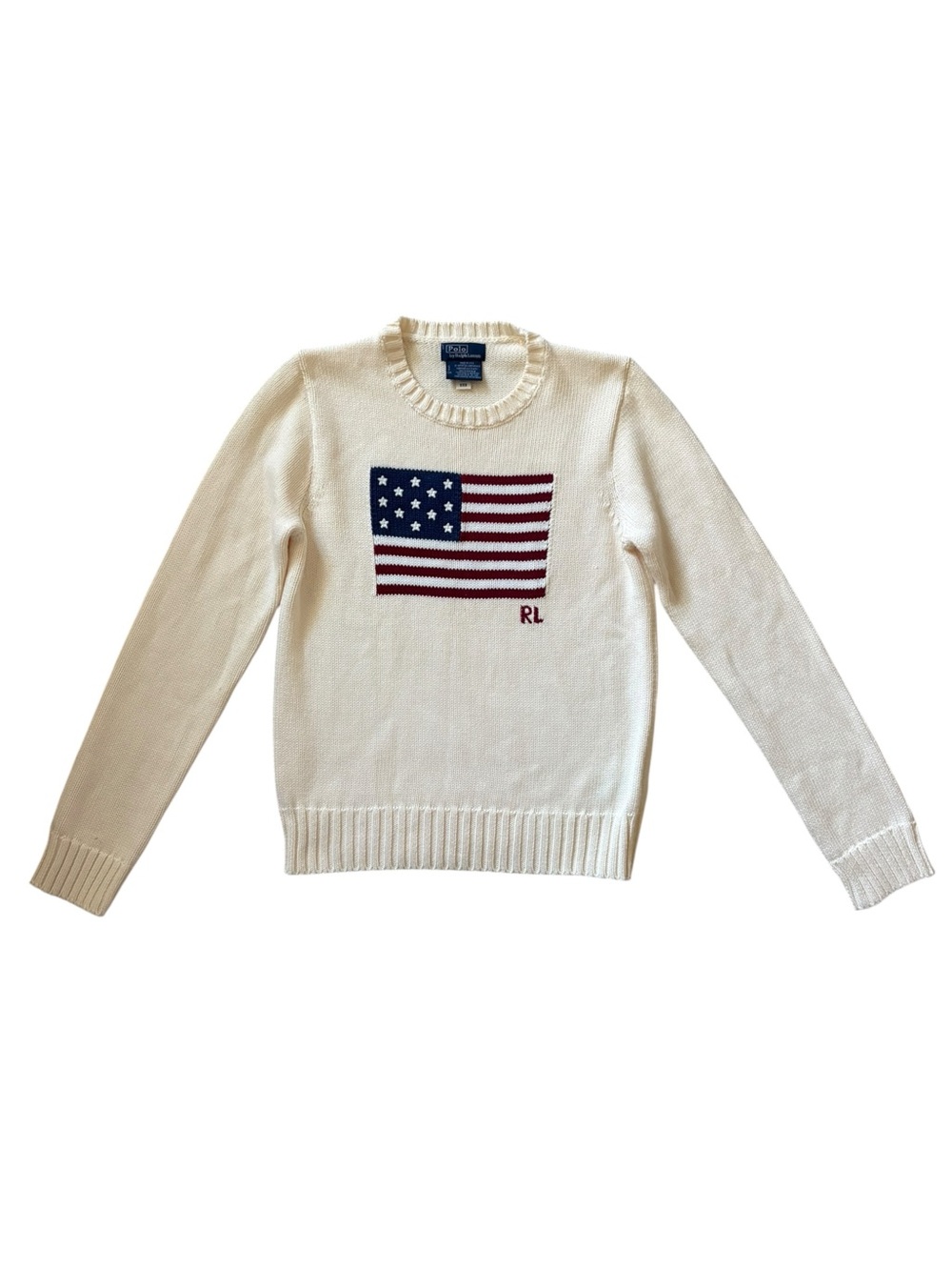 Polo Ralph Lauren Iconic Flag Knit Crewneck Sweater USA 100% Cotton Cream Sz S